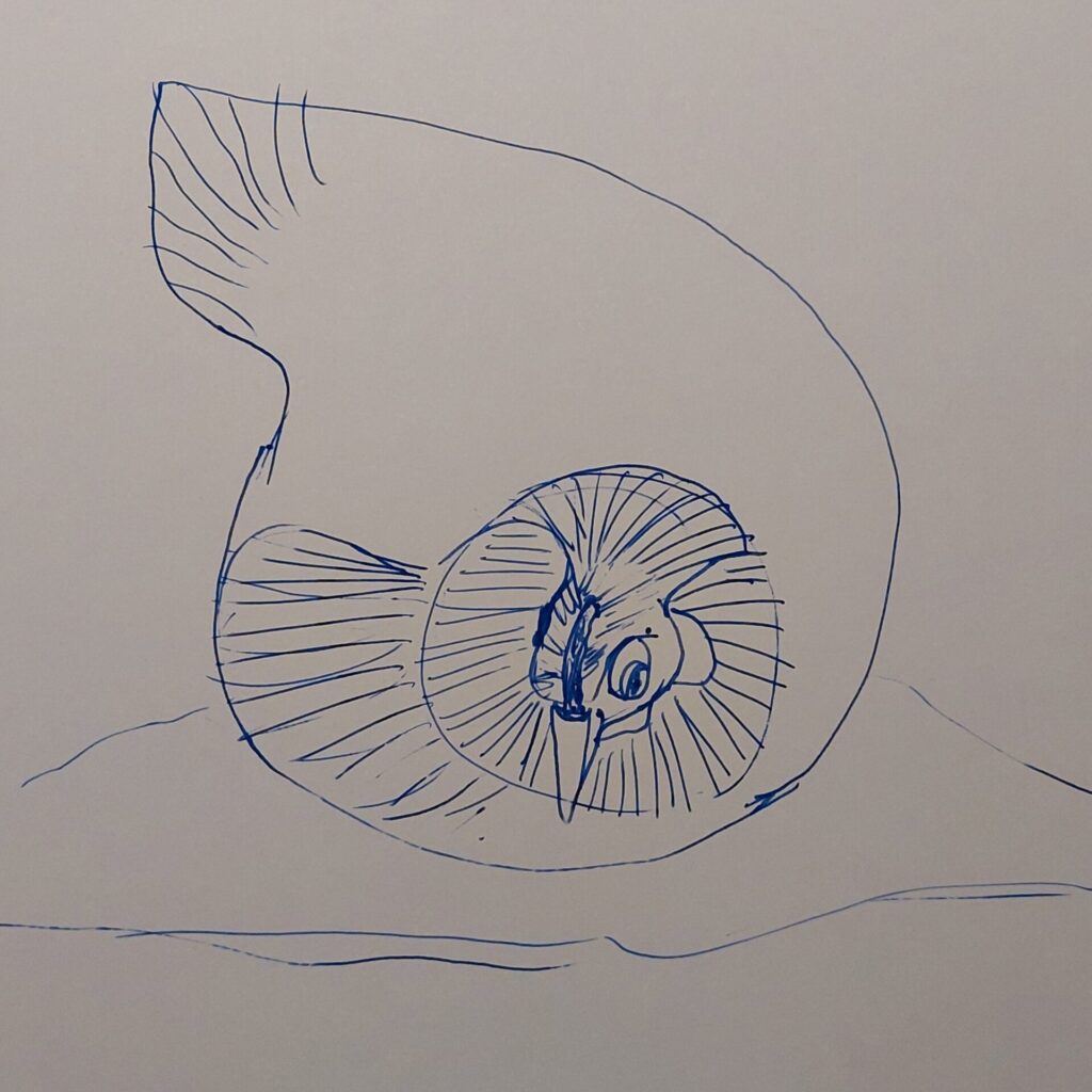 In sich eingerolltes Huhn, spiralförmig gezeichnet mit blauer Tinte