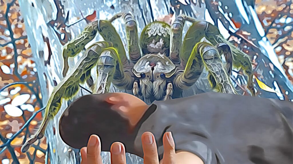 Ein Mensch beugt sich vorsichtig zur großen Fantasiespinne auf dem Baumstamm. Die Szene wirkt wie eine stille Begegnung zwischen Mensch und Fabelwesen, inmitten herbstlicher Natur.