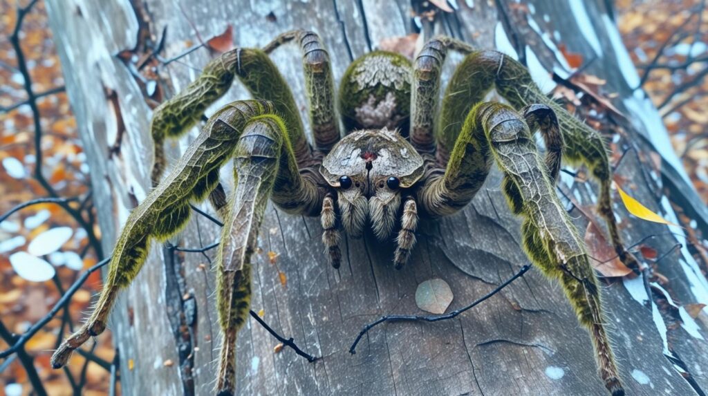 Eine riesige, grünlich gefärbte Fantasiespinne sitzt auf einem Baumstamm. Ihr Körper wirkt wie aus Moos und Rinde geformt. Die Szene hat einen surrealen, märchenhaften Stil.