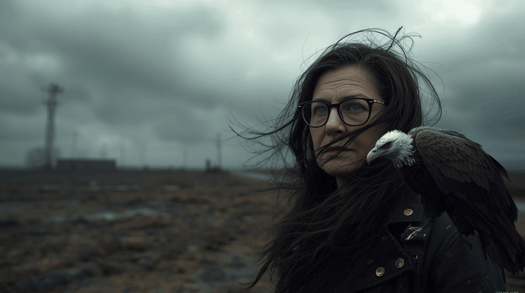 Breites Bild einer Frau mit dunklen, vom Wind verwehten Haaren in einer trostlosen, grauen Landschaft. Ein Geier sitzt auf ihrer Schulter. Die Stimmung wirkt melancholisch und postapokalyptisch.