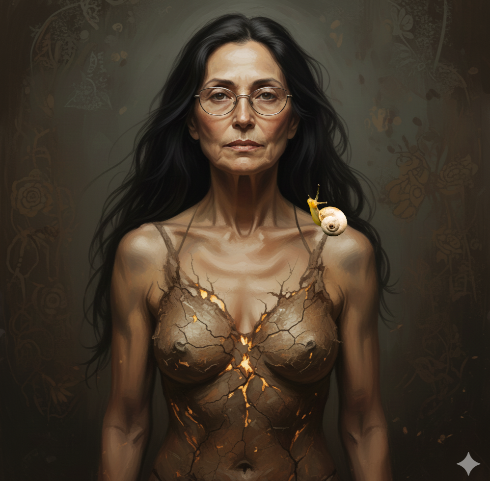 Eine reife Frau mit ruhigem Blick und goldenen Rissen auf der Haut; auf ihrer Schulter sitzt eine Schnecke – Sinnbild für Verletzlichkeit, Schutz und sanften Neubeginn.