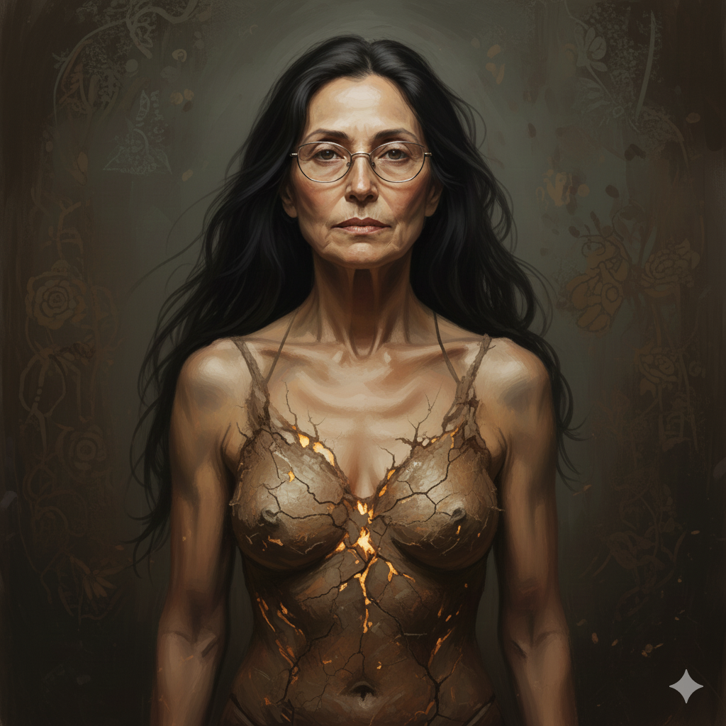 Darstellung einer reifen Frau mit langen dunklen Haaren und Brille, frontal stehend. Ihr nackter Oberkörper wirkt wie aus rissigem Ton oder Erde geformt, aus den Rissen schimmert warmes goldenes Licht. Ruhiger, erdiger Hintergrund, würdige und präsente Haltung.