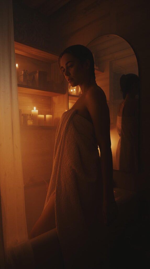 Eine junge Frau mit einem Handtuch um den Körper steht im Kerzenlicht neben einer Badewanne. Die Szene ist stimmungsvoll beleuchtet und zeigt eine ruhige, intime Atmosphäre.