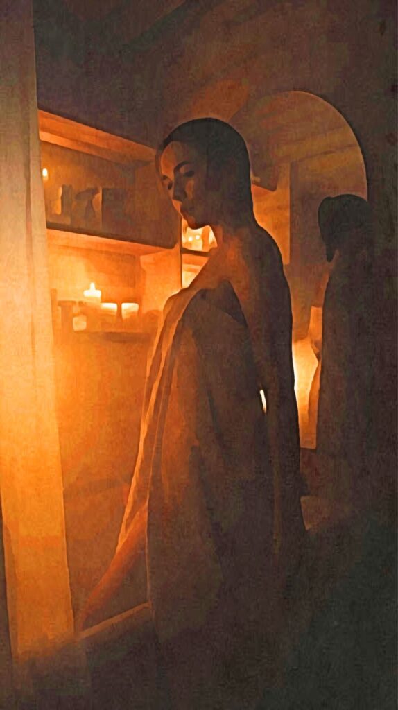 Das gleiche Motiv in einem stilisierten, malerisch anmutenden Filter: Die Frau mit dem Handtuch steht im warmen Kerzenlicht vor einem Spiegel, Farben und Konturen wirken wie gemalt.