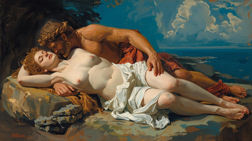 Odysseus liegt halb über Kalypso, die nackt auf einem Felsen am Meer ruht. Die Szene ist hell, stilisiert und wirkt wie ein klassisches Historiengemälde.