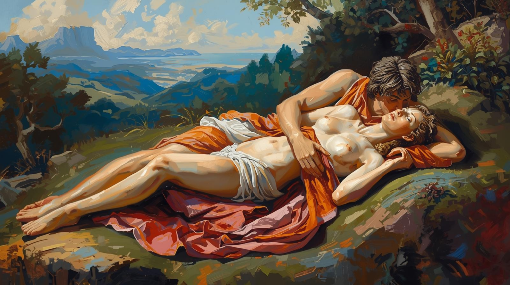 In einer sonnigen Berglandschaft liegt Kalypso nackt im Arm von Odysseus, der in ein rotes Tuch gehüllt ist. Beide sind auf einer Wiese unter Bäumen dargestellt.