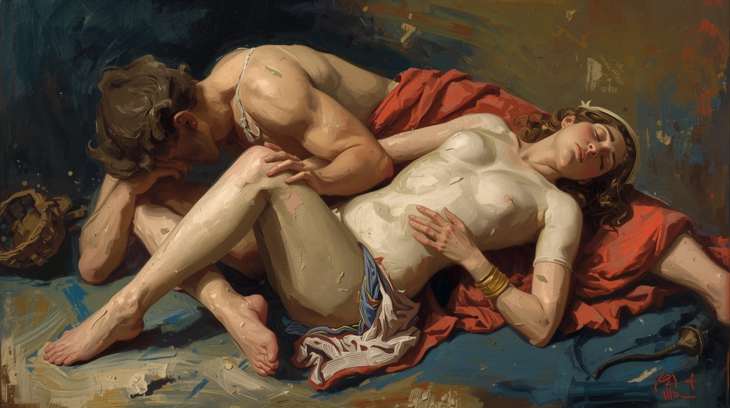 Kalypso liegt nackt mit geschlossenen Augen auf dem Boden, während Odysseus neben ihr sitzt, das Gesicht in den Händen vergraben. Die Szene wirkt tragisch und theatralisch.