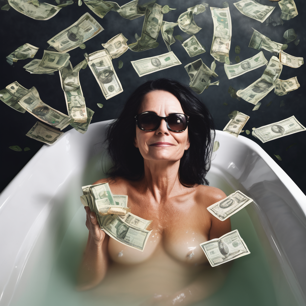 ine reife Frau mit langen dunklen Haaren und Sonnenbrille liegt nackt in einer Badewanne, umgeben von flatternden Geldscheinen. Sie blickt selbstbewusst in die Kamera.