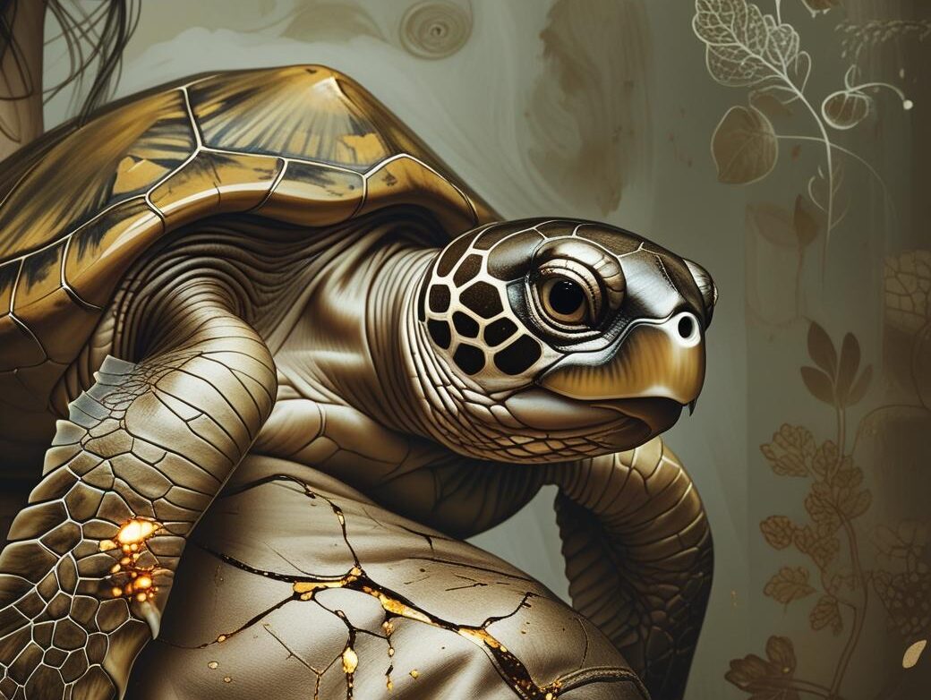 Eine Schildkröte sitzt auf der Schulter einer Person mit goldgerissener Lederjacke; Symbol für langsame Heilung, inneren Schutz und transformierten Körperpanzer.
