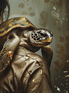 Eine Schildkröte sitzt auf der Schulter einer Person mit goldgerissener Lederjacke; Symbol für langsame Heilung, inneren Schutz und transformierten Körperpanzer.
