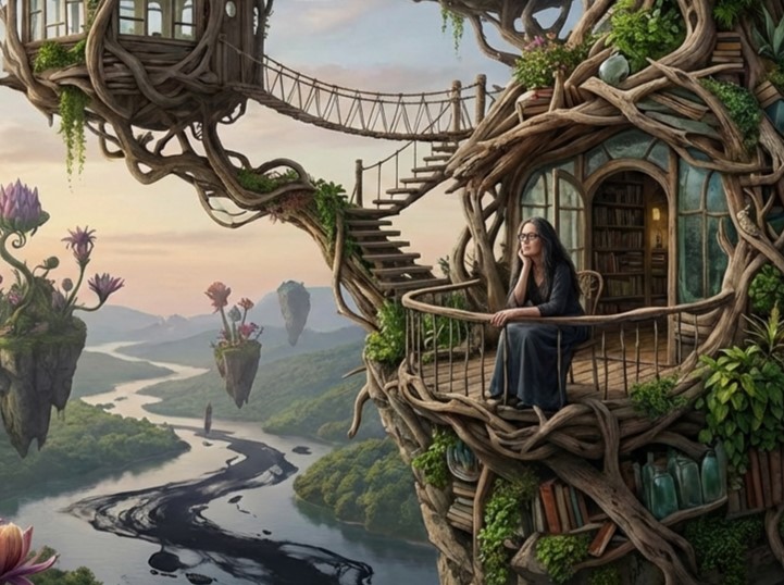 Surreale Behausung mit reifer Frau, ruhig bei sich sitzend, umgeben von gewachsenen inneren Räumen – Jahresthema Behausung.