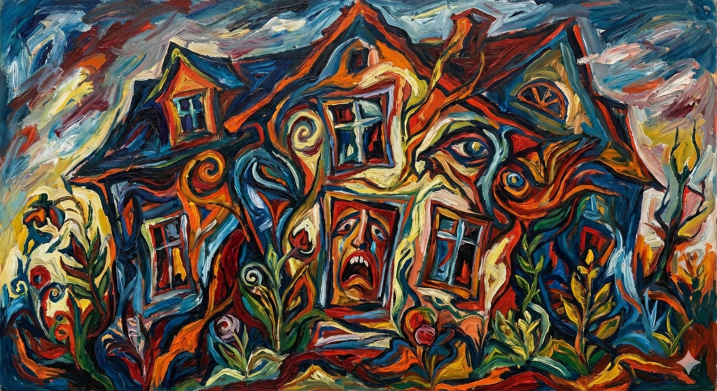 Expressiv gemaltes Haus mit Gesichtern und offenen Mündern, verzerrten Formen und intensiven Farben – innere Behausung als Ausdruck von Überforderung.
