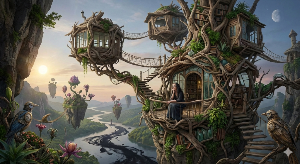 Surreale Behausung mit einer reifen Frau mit dunklen Haaren und Brille, ruhig bei sich sitzend, umgeben von Pflanzen, Büchern und verschachtelten architektonischen Formen.