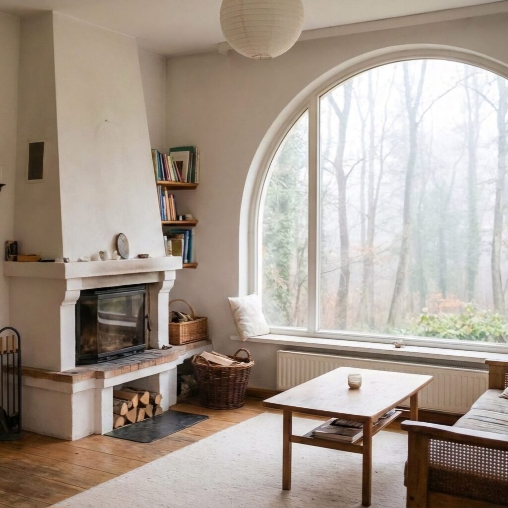 Gemütlicher Wohnraum mit Kamin, Holzfußboden und großem, gerundetem Fenster mit Blick in einen Wald – ruhige, naturnahe Behausung.