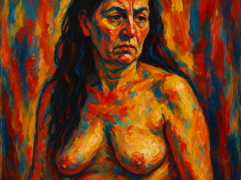 Eine nackte, reife Frau mit langem dunklem Haar sitzt in expressionistisch leuchtenden Farben frontal im Bild. Ihr Gesicht wirkt ernst, der Körper kräftig und individuell modelliert.