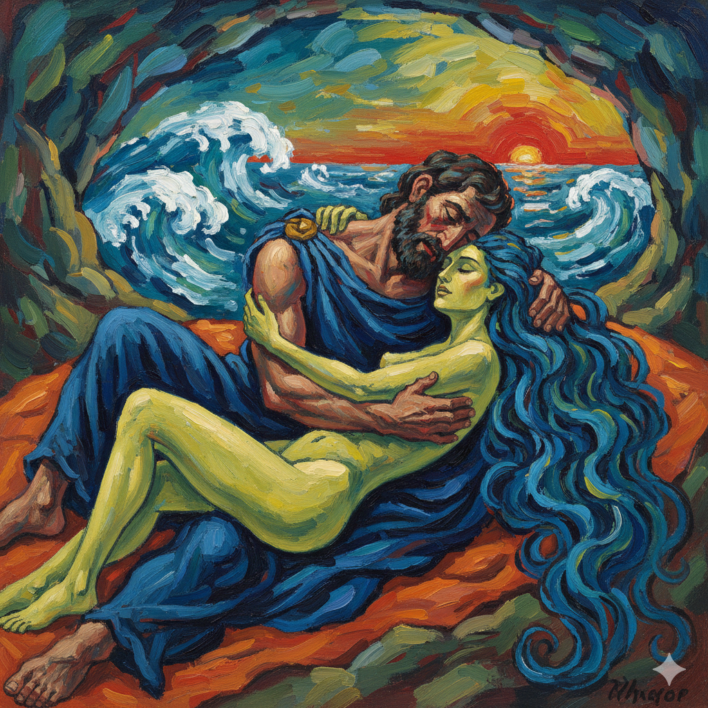 In kräftigen Farben liegt eine nackte grünlich-türkisfarbene Frau mit langem blauen Haar in den Armen eines bärtigen Mannes. Hinter ihnen tobt das Meer, die Sonne geht unter.