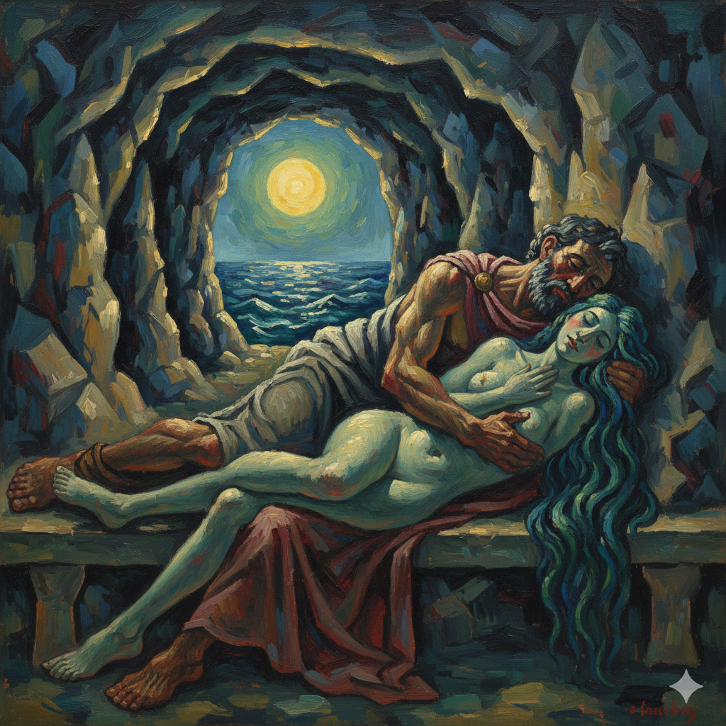 Eine nackte Frau mit türkisfarbener Haut und langen Haaren liegt auf einer Steinbank, während ein älterer Mann sie in einer Meereshöhle zärtlich umfasst. Der Blick führt hinaus auf das Meer im Mondlicht.