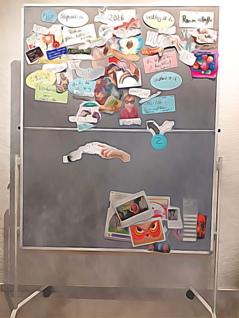 Unscharfes Foto einer Moderationswand mit einem im Entstehen befindlichen Visionboard für 2026.