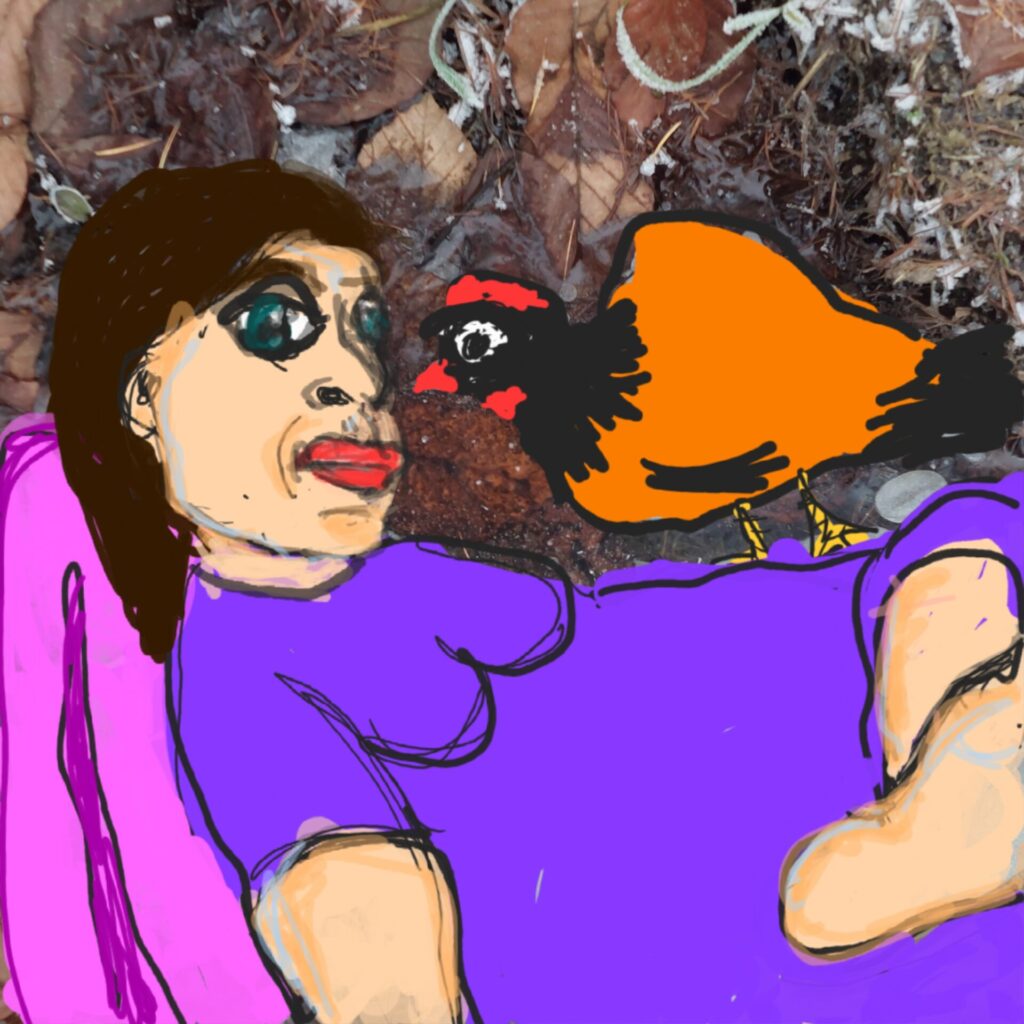 Collage aus Eispfützen-Foto und digitaler Zeichnung: Eine Figur liegt in violettem Kleid, ein Huhn sitzt auf ihrem Bauch – verspielt und humorvoll.