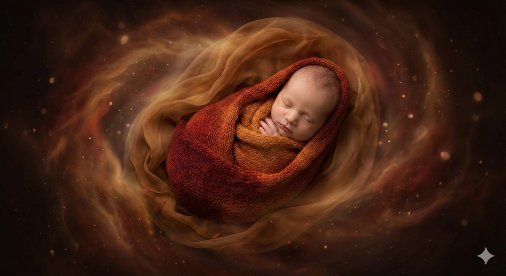 Schlafendes Baby in warmen Tüchern, umhüllt von dunkler, weicher Atmosphäre – Symbolbild für die erste Behausung im Mutterleib.