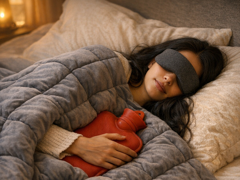 Reife Frau mit langen dunklen Haaren schläft in einem weichen Bett unter einer Gewichtsdecke, mit Augenkissen und Wärmflasche – Selbstfürsorge als Behausung.
