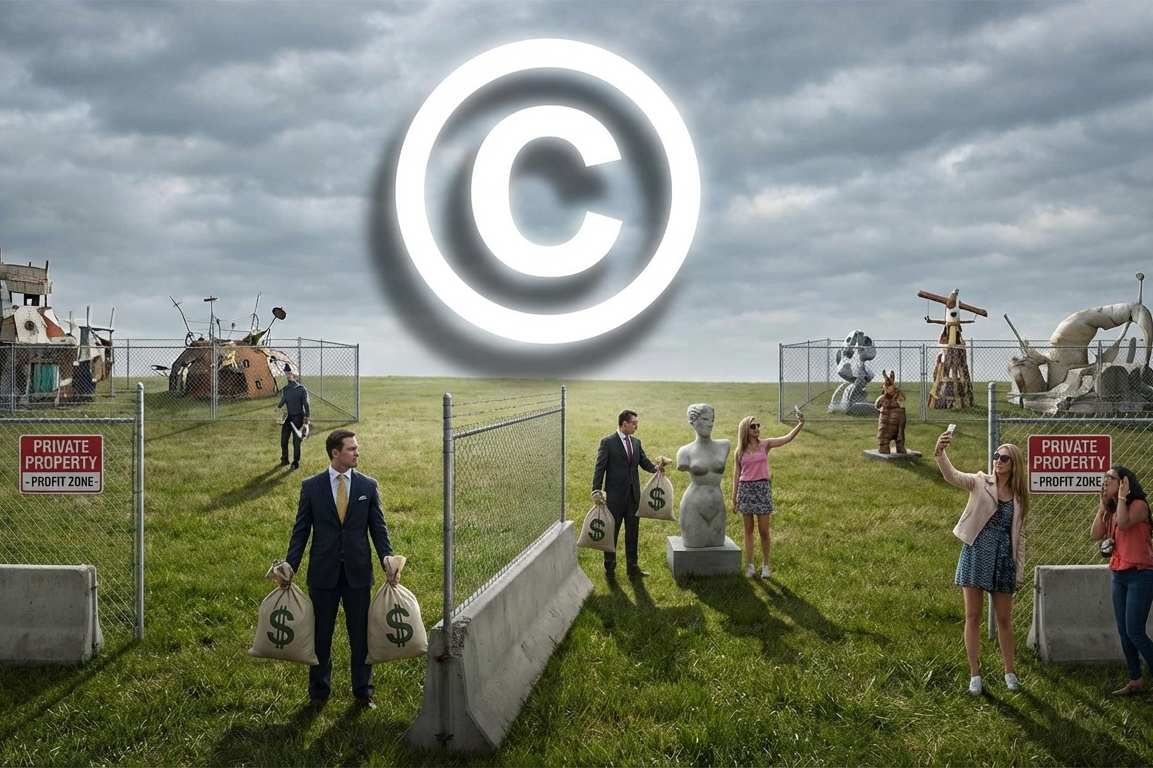 Fotomontage einer Wiese mit Zäunen, Schildern „Private Property – Profit Zone“ und Menschen, die Kunst und Geld tragen.