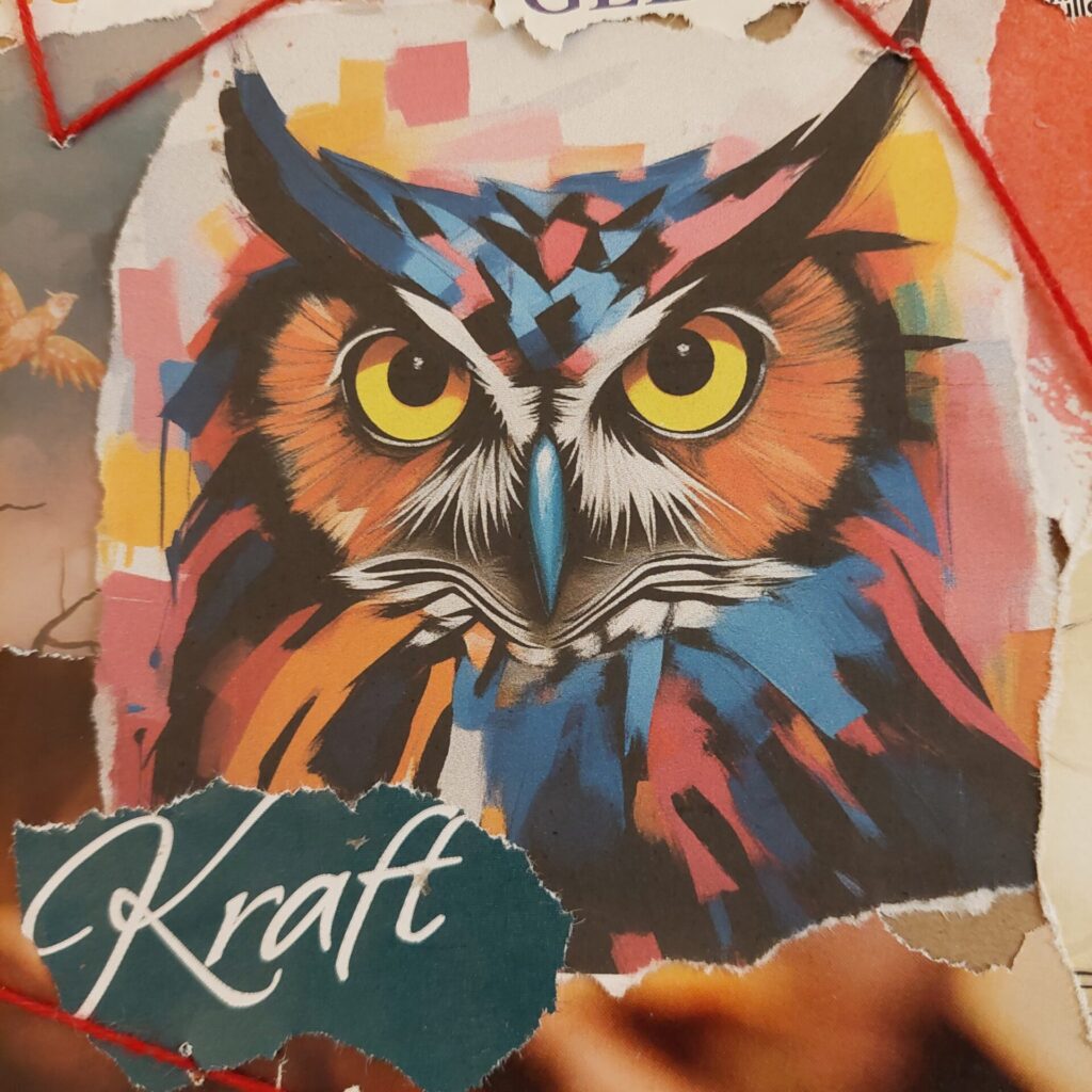 Bunte Eule aus einem Visionboard, frontal dargestellt mit gelben Augen, umgeben von Collage-Elementen und dem Wort „Kraft“.