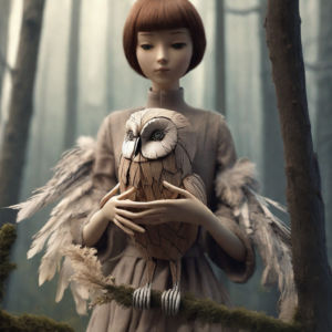 Puppe hält kleine holzartige Eule im Arm im Wald, KI-generiertes Bild