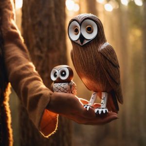 Zwei holzartige Eulen auf einer Hand im warmen Licht, KI-generiertes Bild