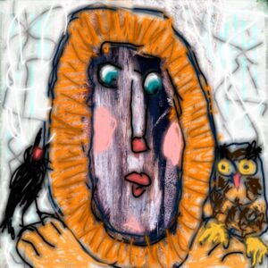 Baumbild digitalberabeitet mit Gesicht, Eule und Vogel