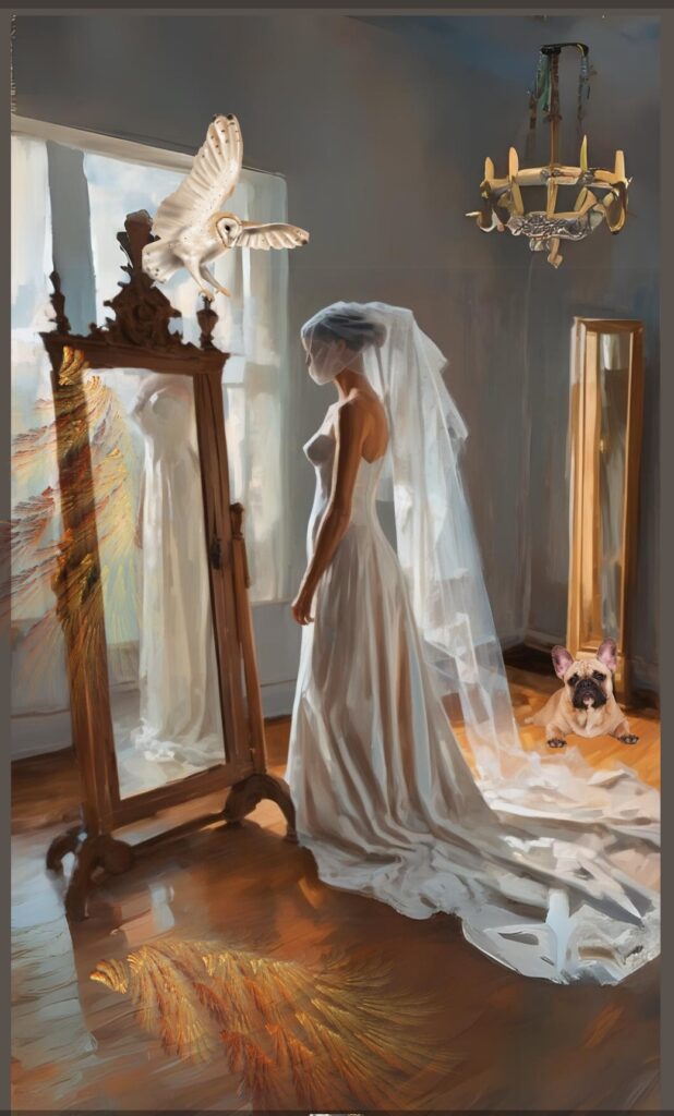 Braut steht vor einem Spiegel in einem hellen Raum; über ihr eine Eule, neben ihr ein Hund, warmes Licht fällt auf Kleid und Boden.