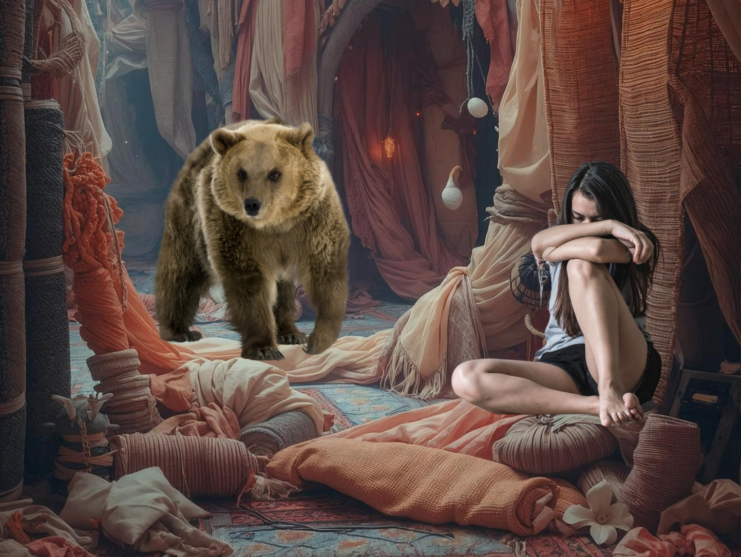 Frau sitzt in einer Höhle aus Vorhängen und Stoffen, neben ihr ein Bär – textile Behausung als ambivalenter Zufluchtsraum.