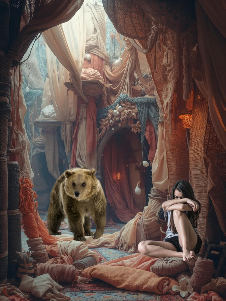 Frau sitzt in einer Höhle aus Vorhängen und Stoffen, neben ihr ein Bär – textile Behausung als ambivalenter Zufluchtsraum.