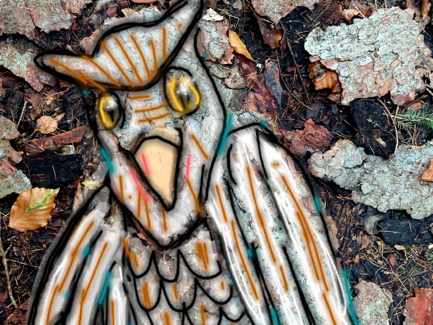 In Baumrinde entdeckte Eulenform im Wald, digital überarbeitet mit gezeichneter Eule, Projekt #malenimwald 2021