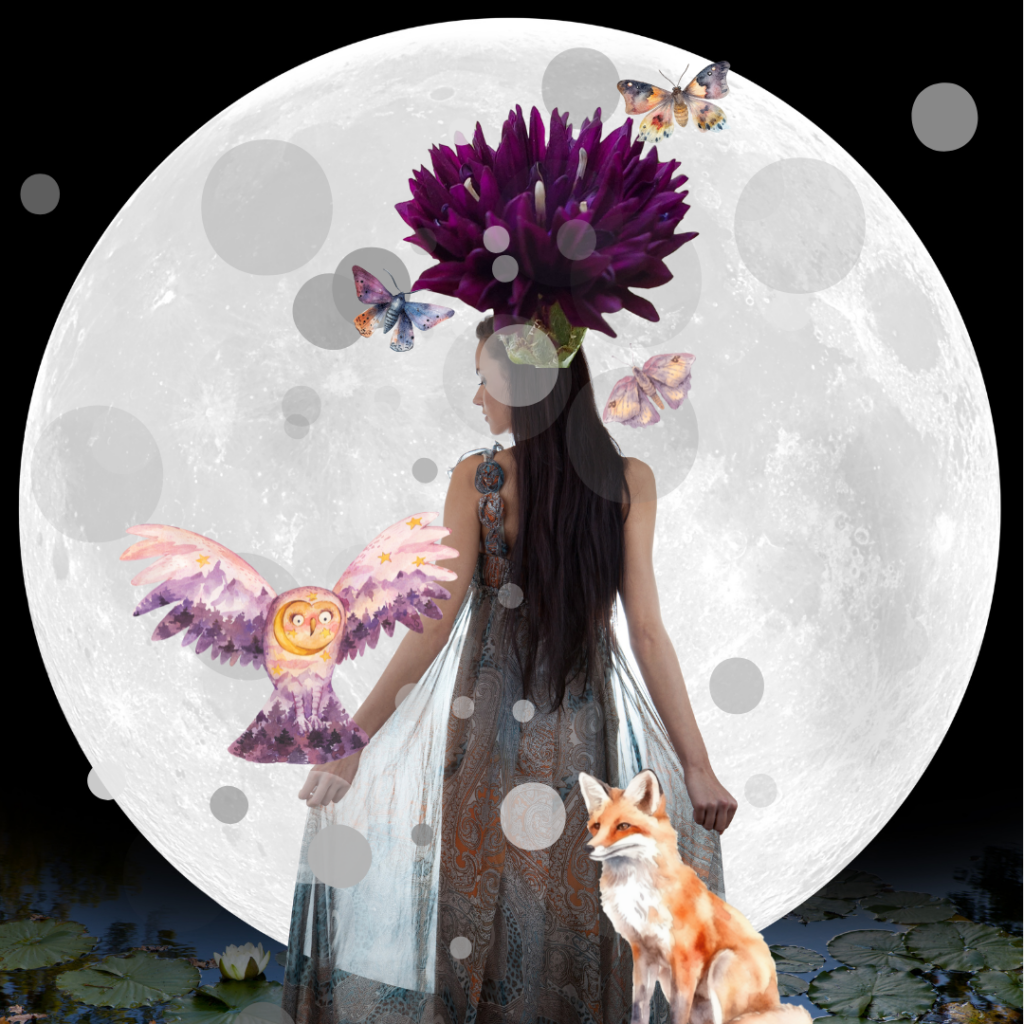 Frau vor großem Mond mit violetter Blume und fliegender Eule, Farbkreisreise