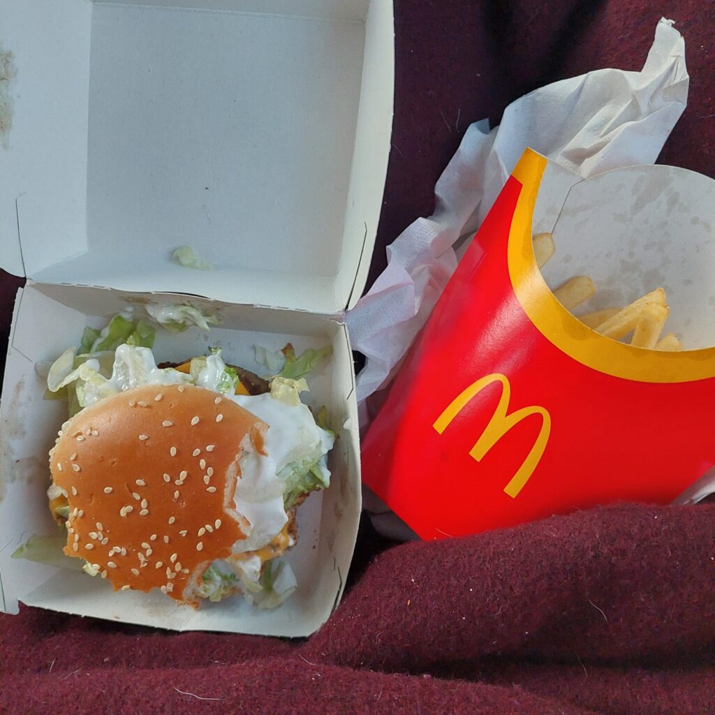 urger in einer Pappschachtel und Pommes in einer roten Verpackung liegen auf einem Schoß.