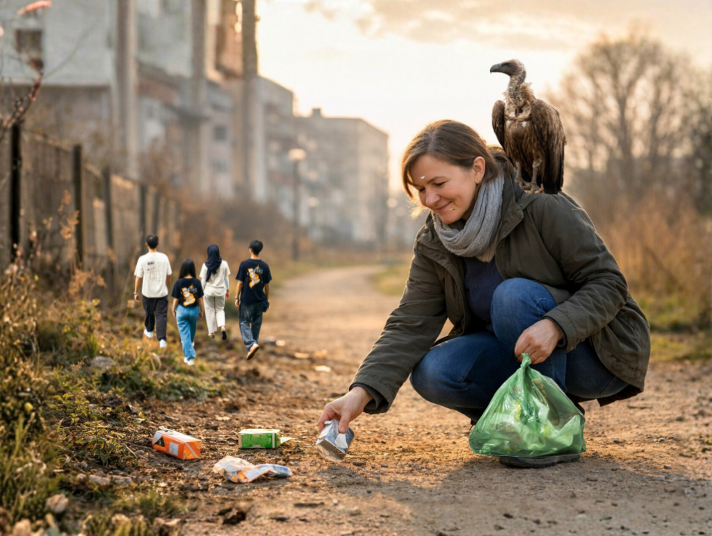 Frau sammelt Müll bei einem Spaziergang, begleitet von einer Geierin – Transformation im Alltag