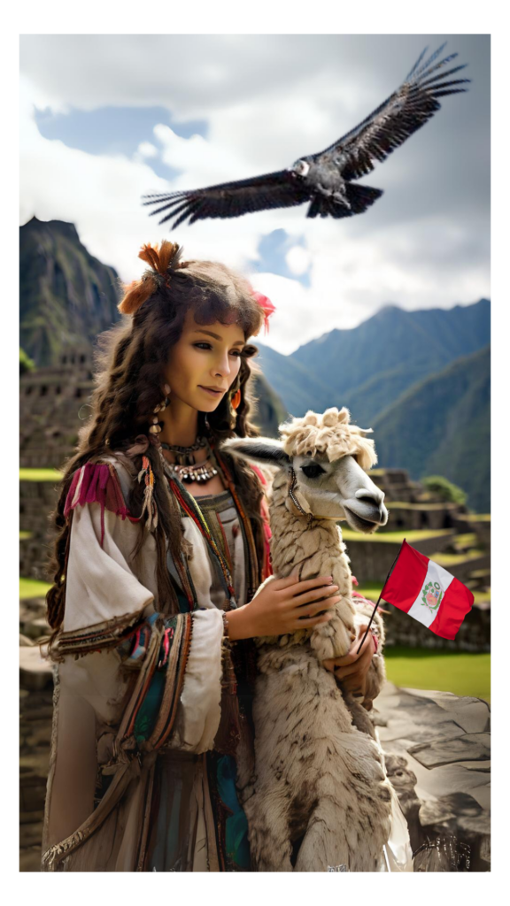 Geierin über einer Frau in traditioneller Kleidung in den Anden – Verbindung zu archaischer Landschaft