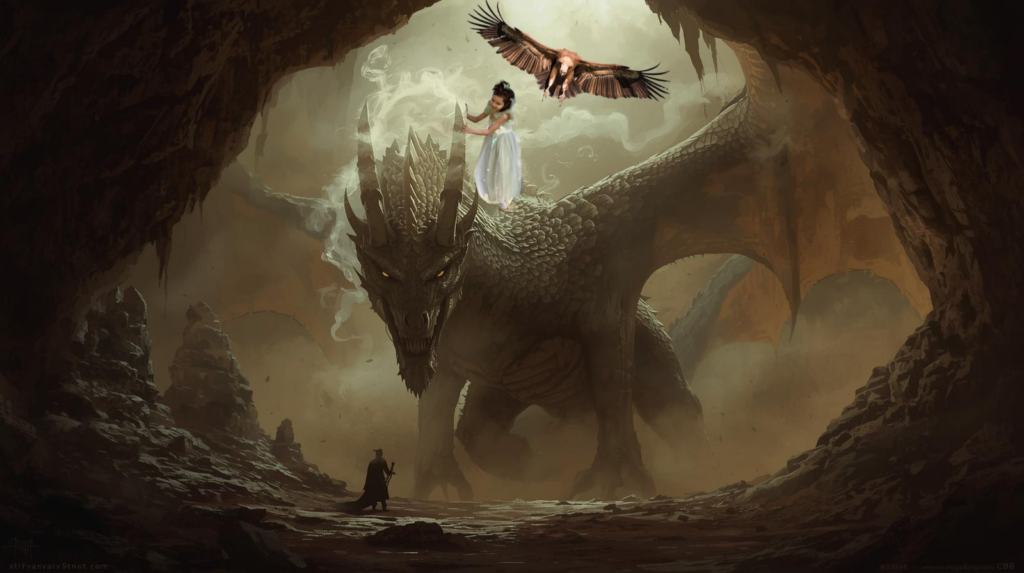 Geierin fliegt über einem Drachen in einer Höhle, auf dem ein Kind steht – Bild für innere Reise und Konfrontation mit Urkräften