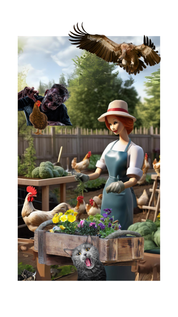Frau im Garten mit Hühnern, darüber eine Geierin – idyllische Szene mit verstörender Ebene im Hintergrund