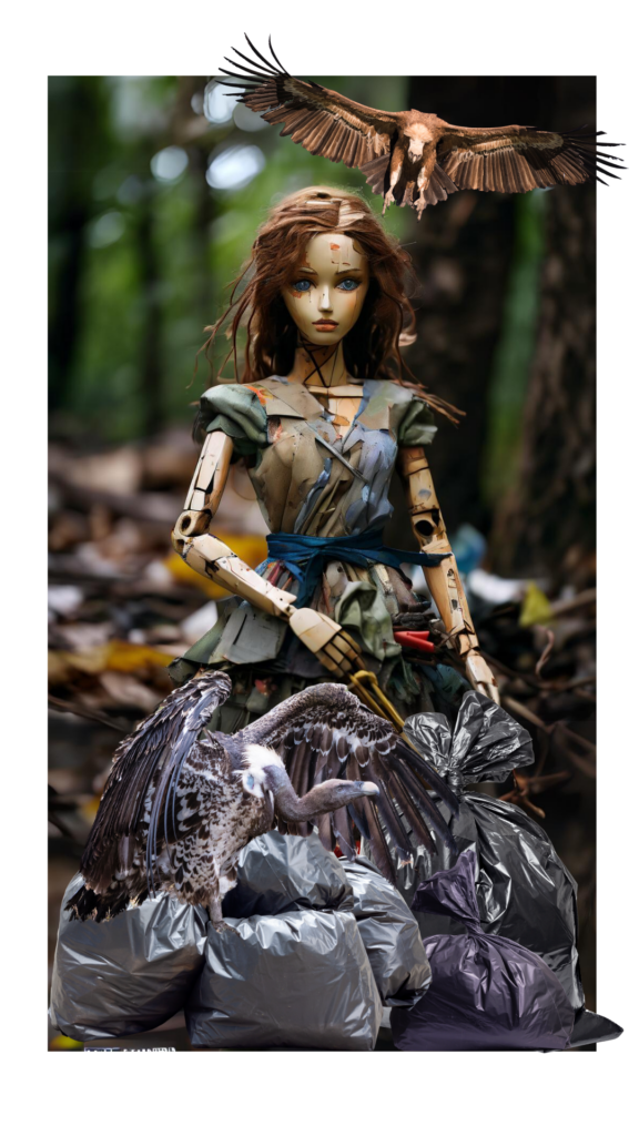 Geierin zwischen Müllsäcken und einer Puppe im Wald – Symbol für Transformation und das Aufräumen von Überresten