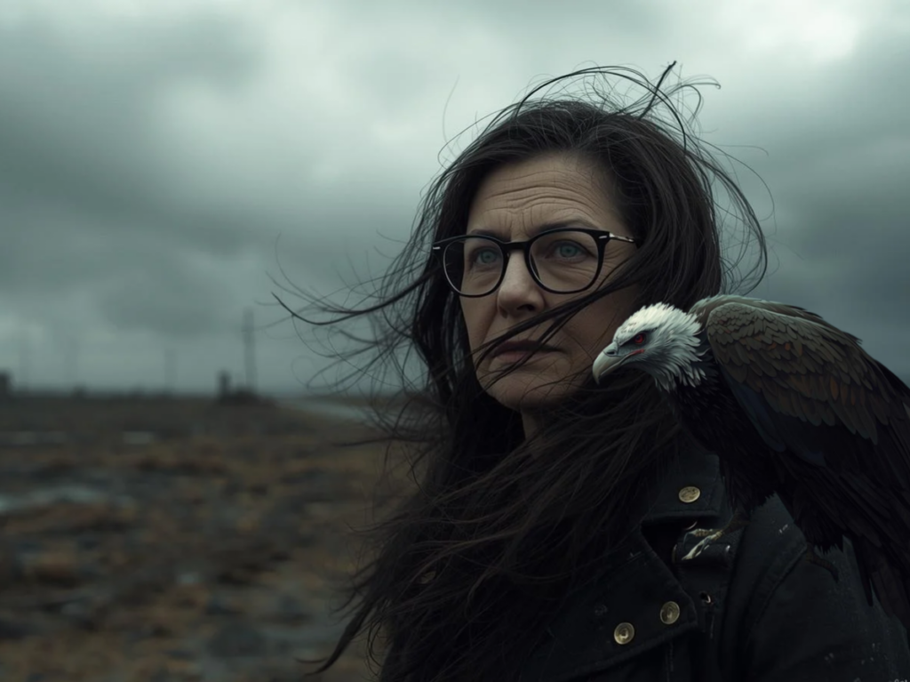 Frau mit Geierin auf der Schulter in karger Landschaft – die Geierin als Mahnerin und Begleiterin