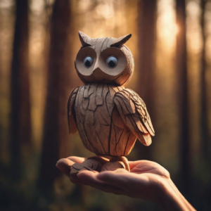 Holzartige Eule steht auf einer Hand im Wald, KI-generiertes Bild