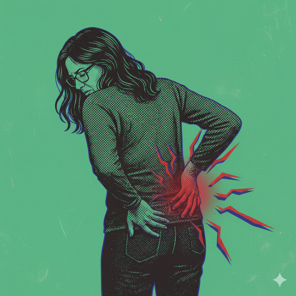 llustrationsartiges Bild einer Person, die sich mit schmerzverzerrtem Gesicht an den unteren Rücken fasst.