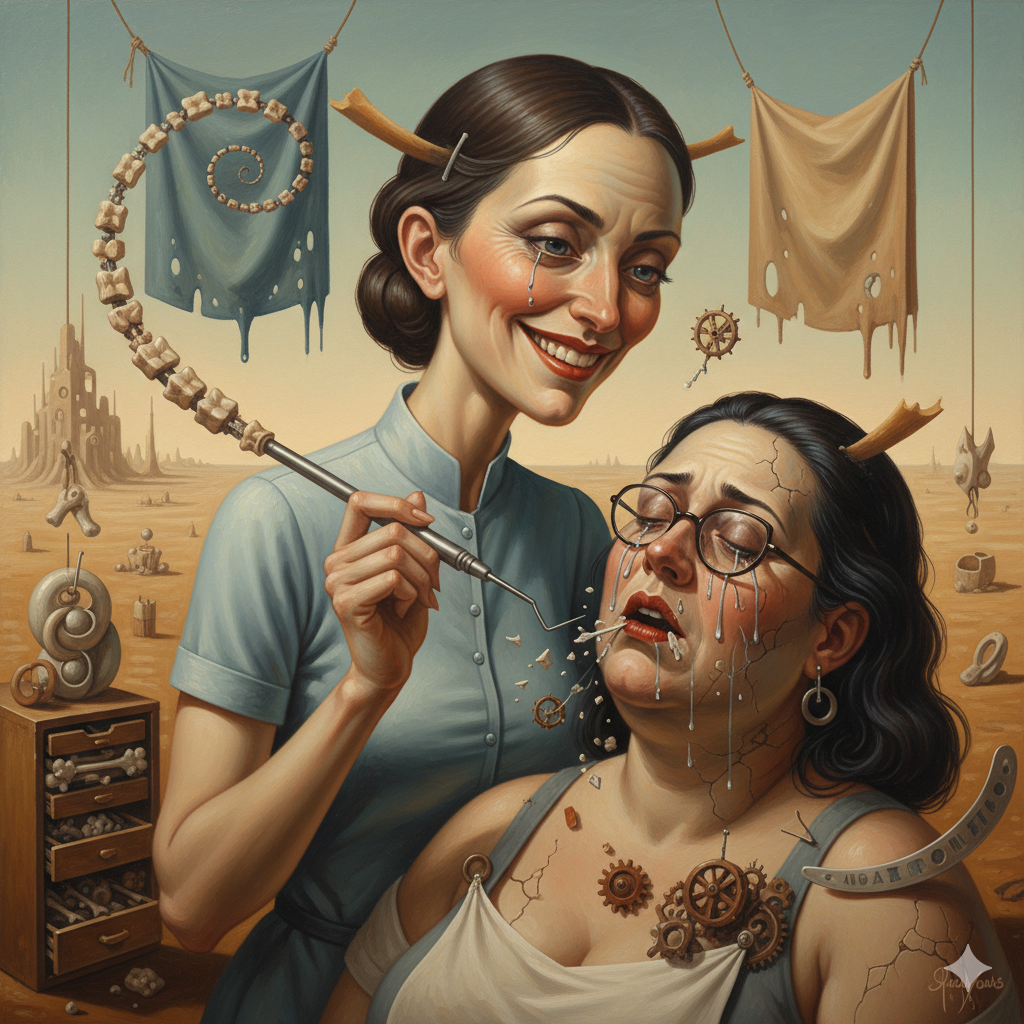 urrealistisches KI-Bild einer Zahnarztszene mit überzeichneten Figuren und traumartigen Elementen.