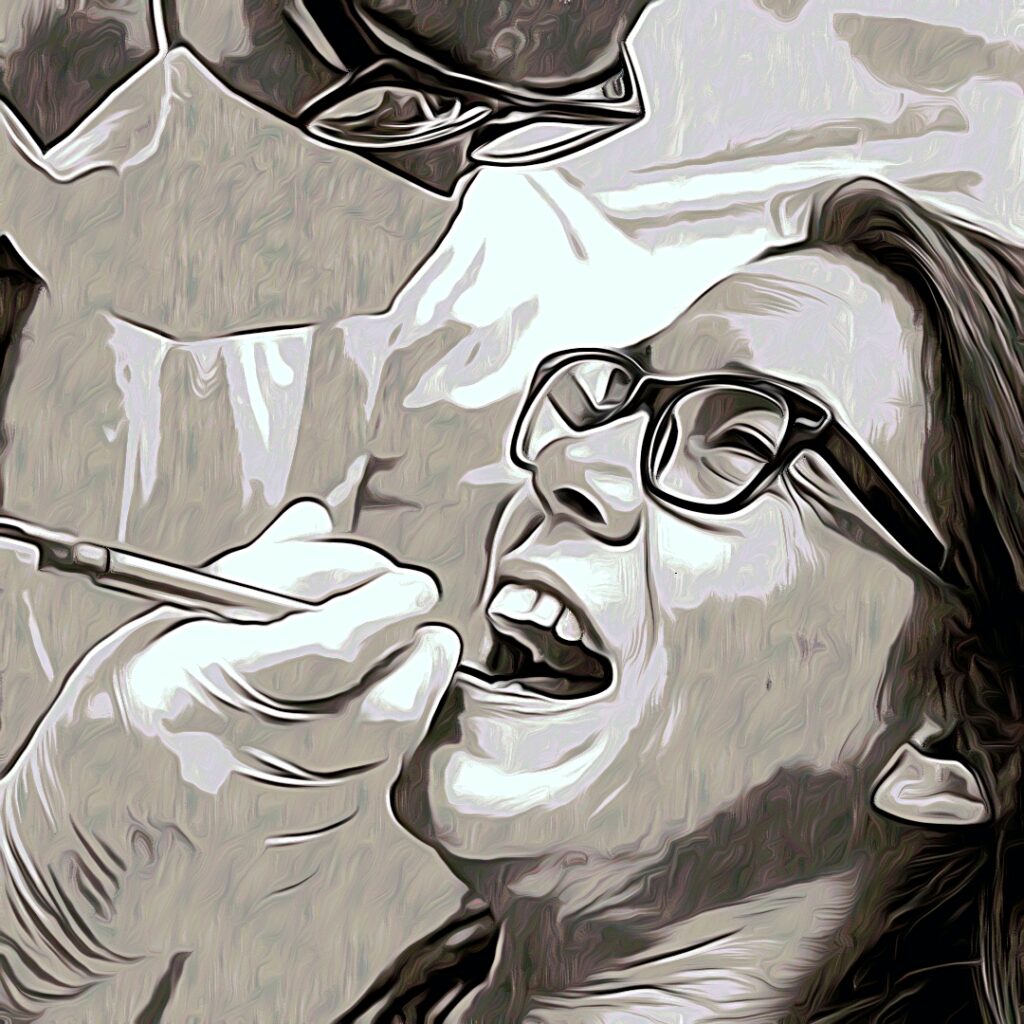 Illustrationsartiges Bild einer Person beim Zahnarzt mit geöffnetem Mund während einer Behandlung.