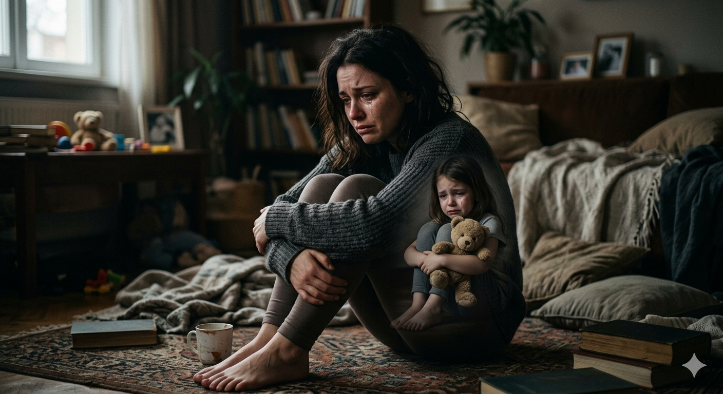 Frau sitzt angespannt auf dem Boden neben einem traurigen Kind mit Teddybär – Behausung als unsicherer innerer Zustand.