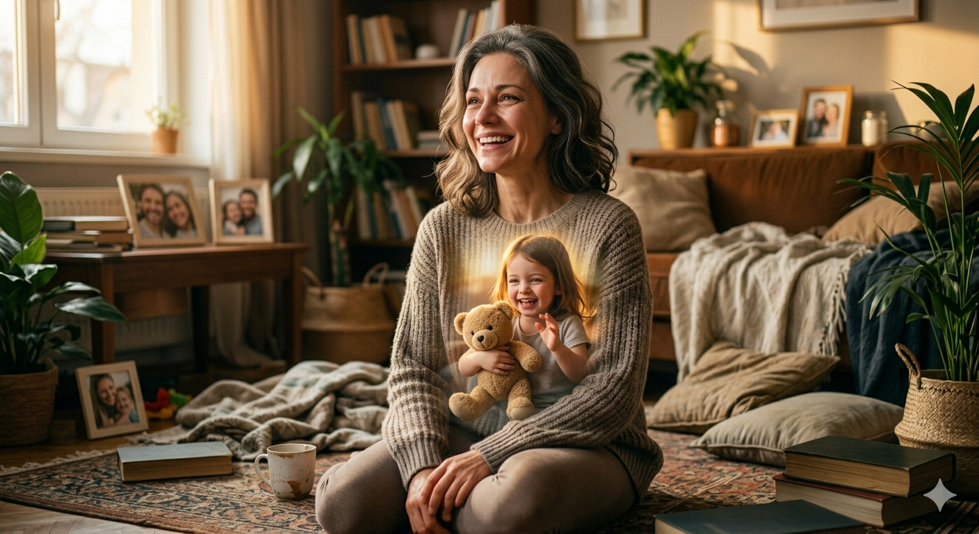 Frau sitzt entspannt in einem warmen Raum, ein fröhliches Kind auf ihrem Schoß – Behausung als inneres Gehaltensein.