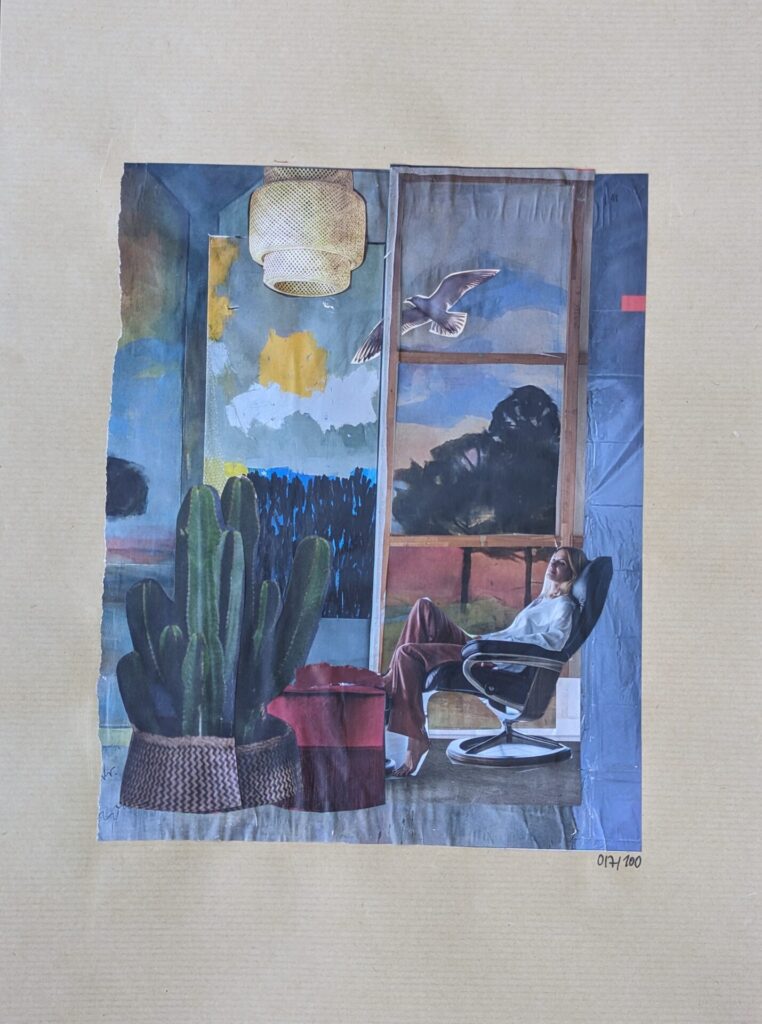 Collage mit ruhender Frau am Fenster und Kaktus; vor dem Fenster fliegt ein grauweißer, möwenartiger Vogel