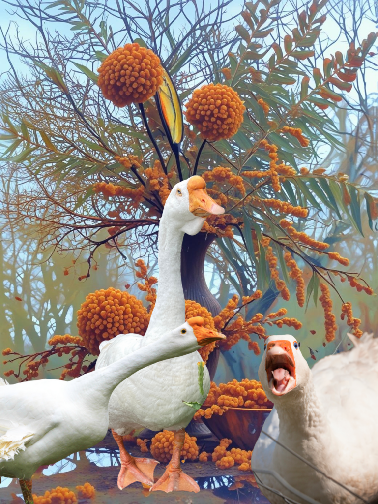 Drei weiße Gänse vor orangefarbenem Sanddorn in einem verfremdeten KI-Bild